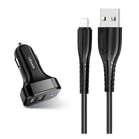 USAMS φορτιστής αυτοκινήτου C13 & καλώδιο Lightning, 2x USB, 2