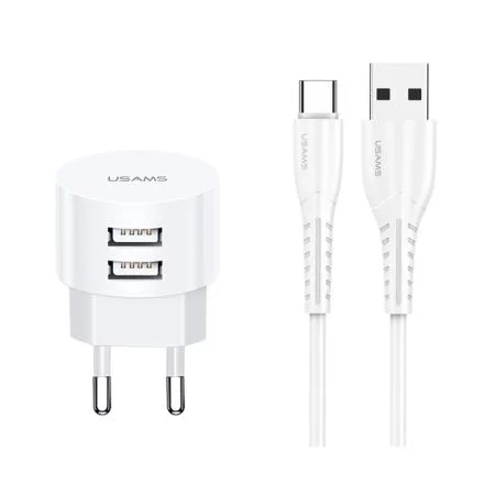 USAMS φορτιστής τοίχου T20 & καλώδιο type-C, 2x USB, 2