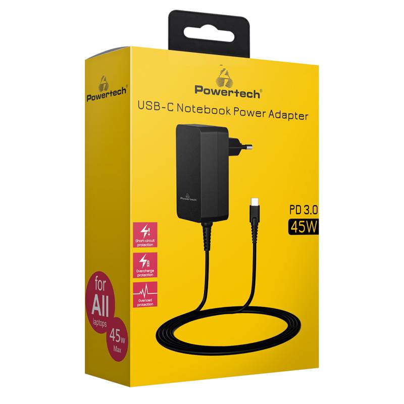 Powertech φορτιστής laptop PT-1155, USB-C PD, universal, 45W, μαύρος – φωτογραφία 2