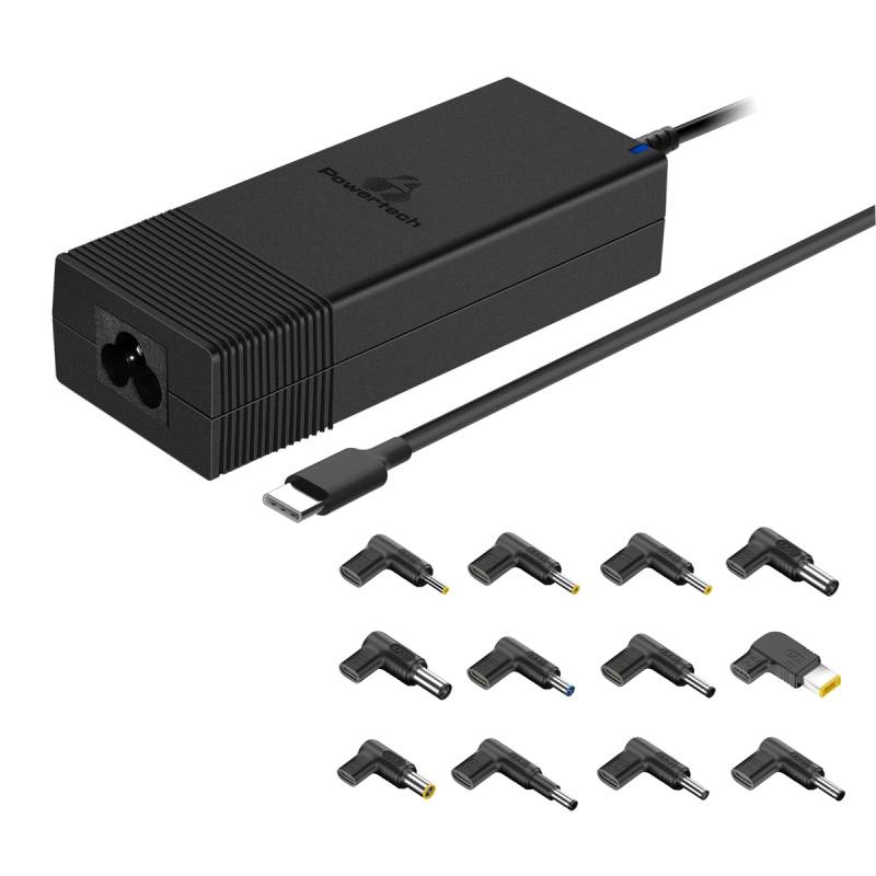 Powertech φορτιστής laptop PT-1256 με 12 βύσματα, USB-C PD, 90W, μαύρος