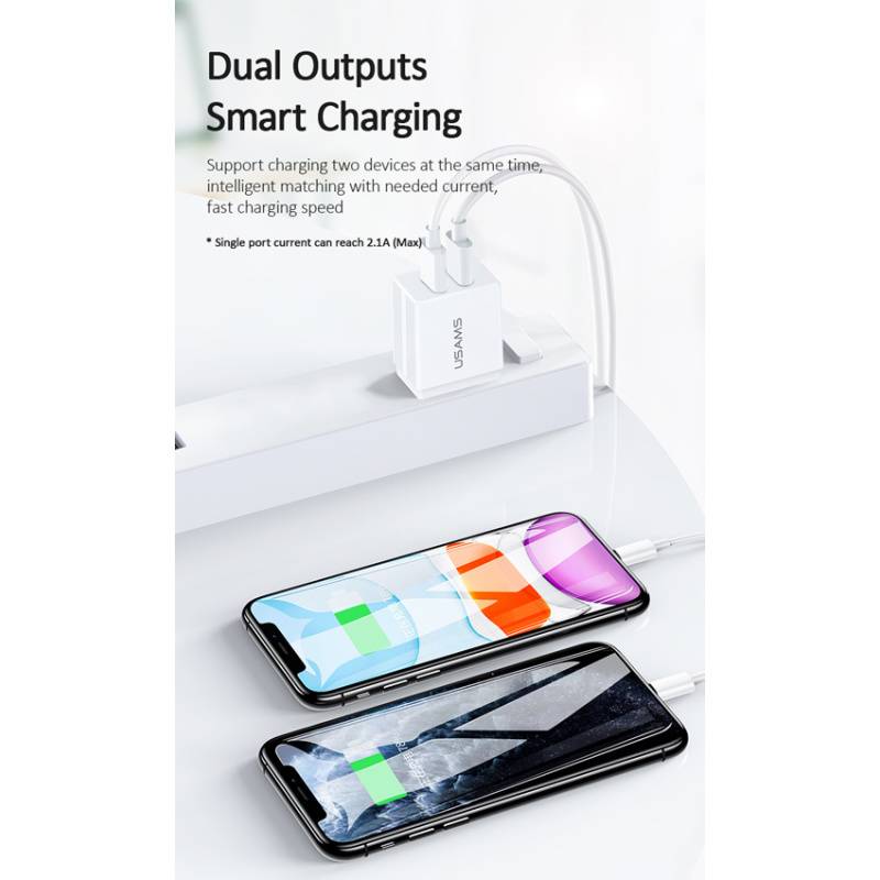 USAMS φορτιστής τοίχου T24 US-CC090, 2x USB, 2.1A, λευκός – φωτογραφία 3