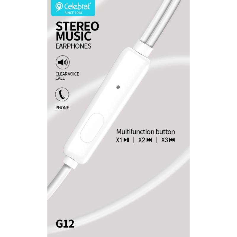 Celebrat earphones με μικρόφωνο G12, 3.5mm σύνδεση, Φ14.2mm, 1.2m, λευκό – φωτογραφία 3