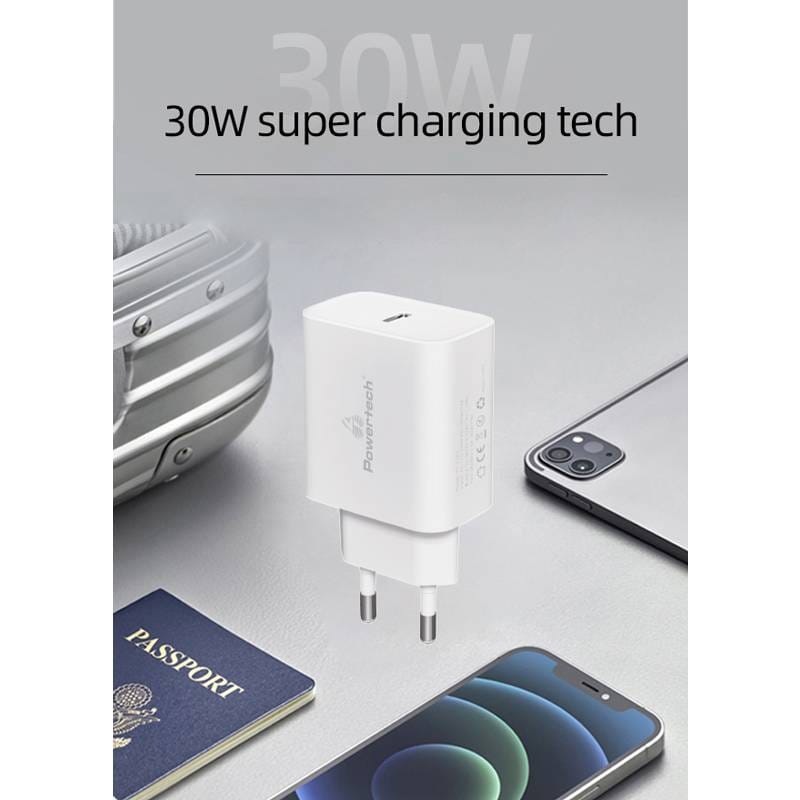 Powertech φορτιστής τοίχου PT-1043, USB-C, PD QC3.0, GaN, 30W, λευκός – φωτογραφία 2
