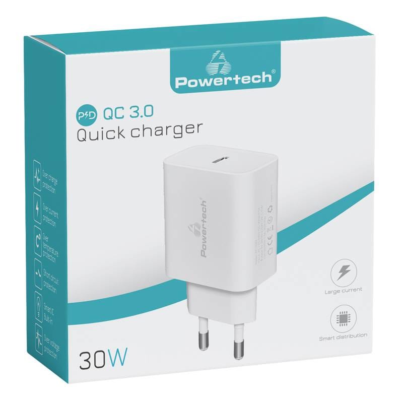 Powertech φορτιστής τοίχου PT-1043, USB-C, PD QC3.0, GaN, 30W, λευκός – φωτογραφία 3