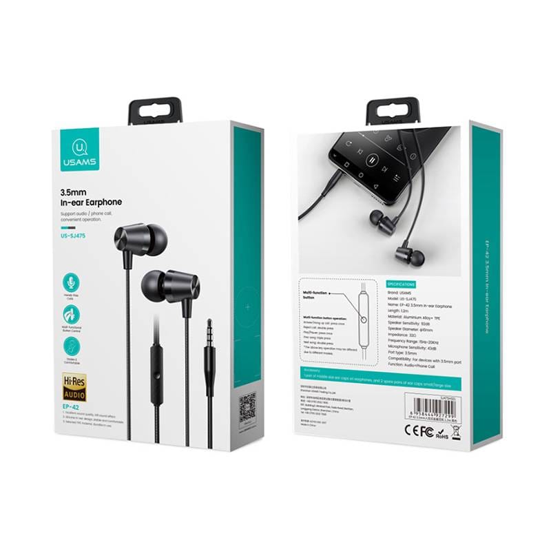 USAMS earphones με μικρόφωνο EP-42, 3.5mm σύνδεση, Φ10mm, 1.2m, μαύρα – φωτογραφία 4
