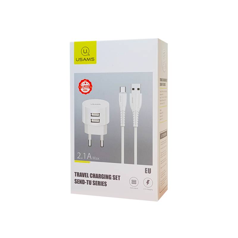 USAMS φορτιστής τοίχου T20 & καλώδιο type-C, 2x USB, 2.1A, λευκός – φωτογραφία 5