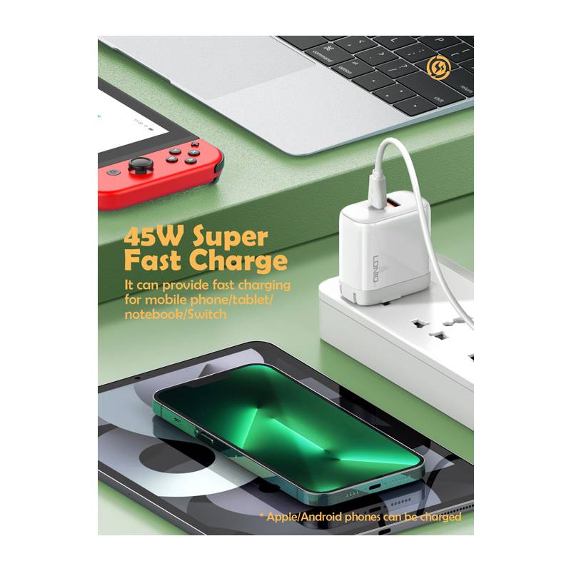 Ldnio φορτιστής τοίχου A2526C με καλώδιο, USB & USB-C, 45W PD, λευκός – φωτογραφία 2
