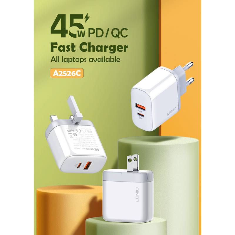 Ldnio φορτιστής τοίχου A2526C με καλώδιο, USB & USB-C, 45W PD, λευκός – φωτογραφία 3