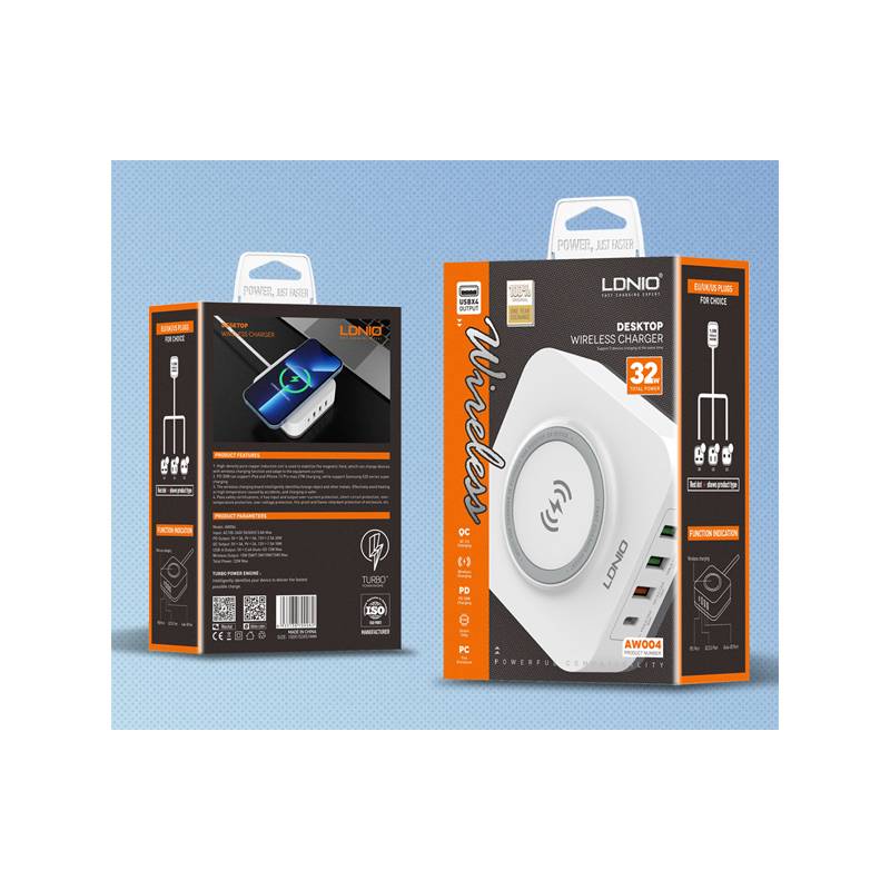 Ldnio σταθμός φόρτισης AW004, USB-C/3x USB/wireless, 32W, PD/QC, λευκός – φωτογραφία 3