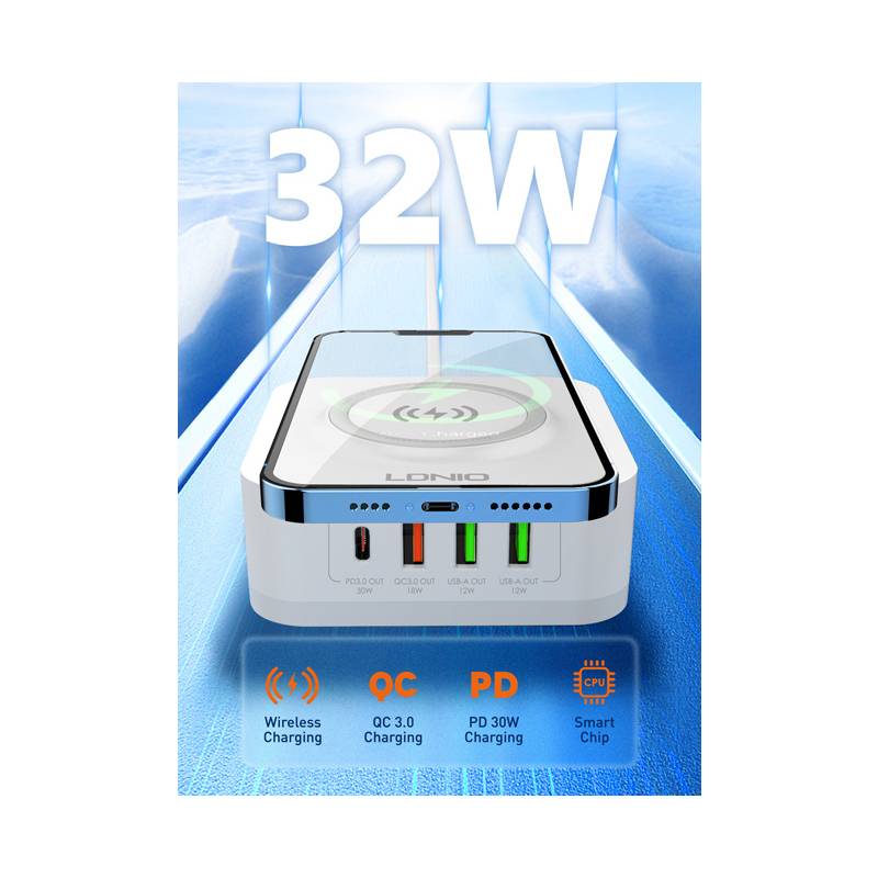 Ldnio σταθμός φόρτισης AW004, USB-C/3x USB/wireless, 32W, PD/QC, λευκός – φωτογραφία 4