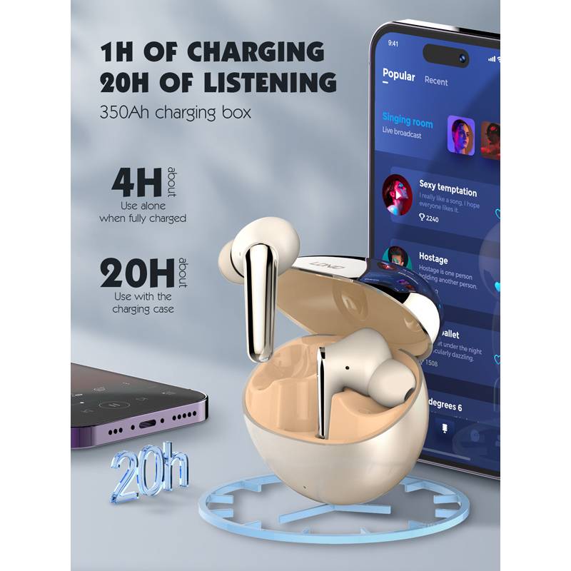 Ldnio earphones με θήκη φόρτισης T01, True Wireless, HiFi, Φ10mm, χρυσά – φωτογραφία 4