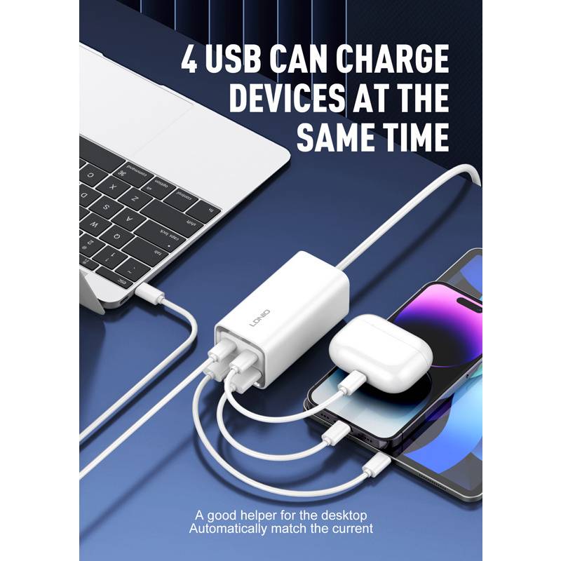 Ldnio σταθμός φόρτισης A4610C, 2x USB-C & 2x USB, 65W, PD/QC, λευκός – φωτογραφία 2
