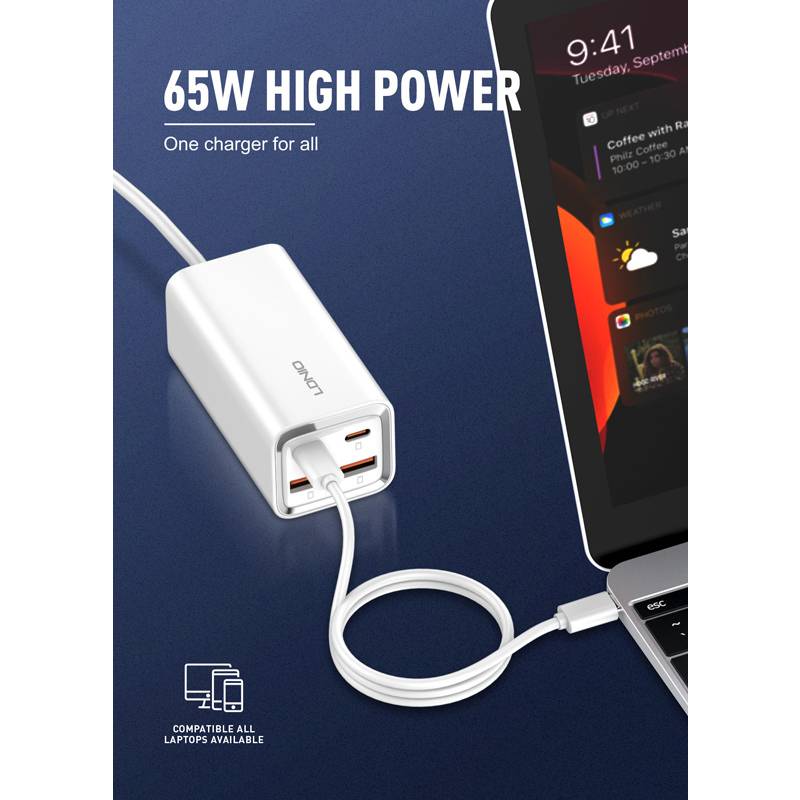 Ldnio σταθμός φόρτισης A4610C, 2x USB-C & 2x USB, 65W, PD/QC, λευκός – φωτογραφία 3