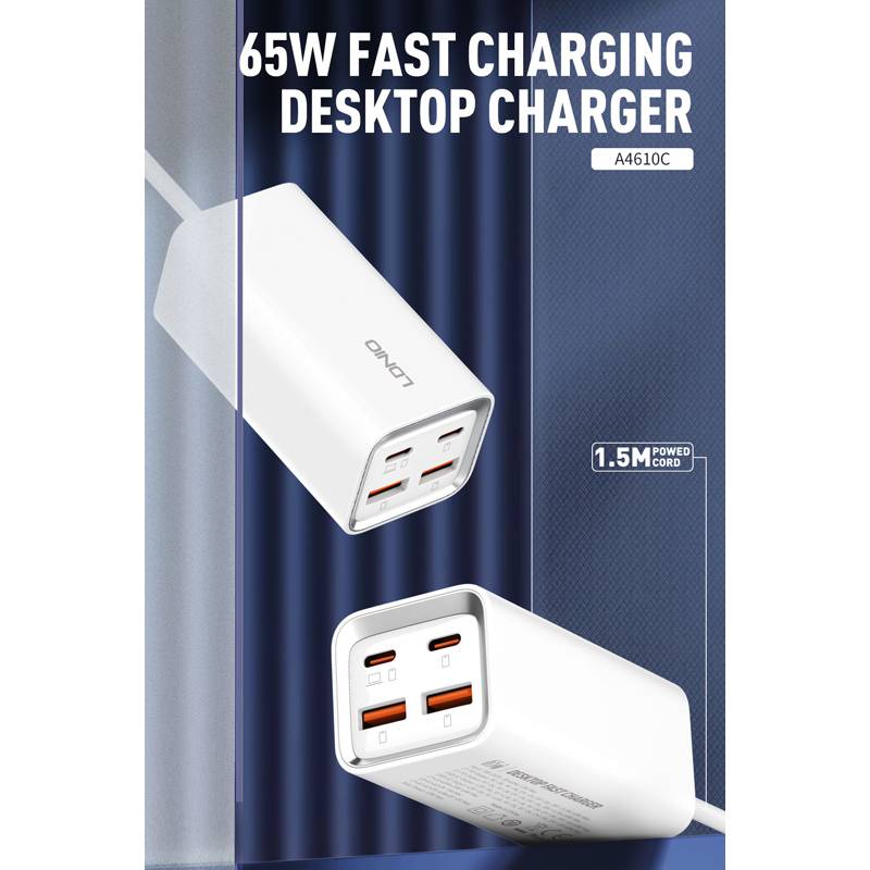 Ldnio σταθμός φόρτισης A4610C, 2x USB-C & 2x USB, 65W, PD/QC, λευκός – φωτογραφία 4