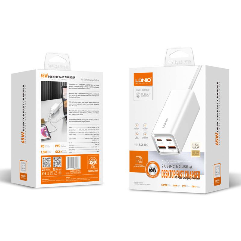 Ldnio σταθμός φόρτισης A4610C, 2x USB-C & 2x USB, 65W, PD/QC, λευκός – φωτογραφία 6