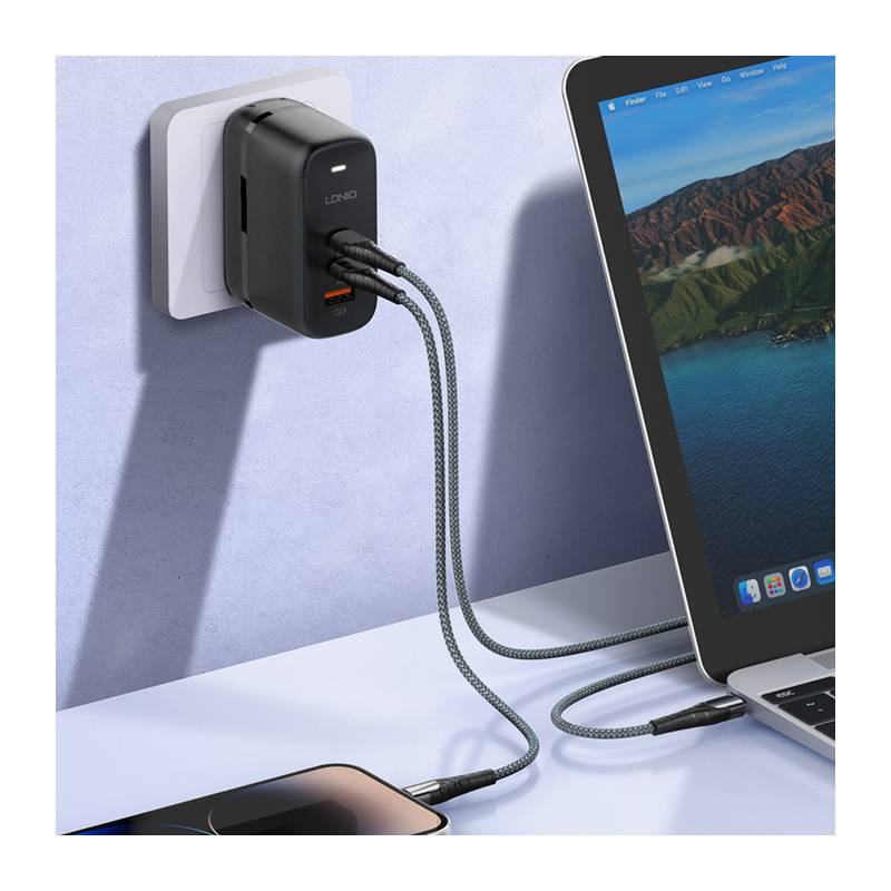 Ldnio φορτιστής τοίχου Q366 με καλώδιο, USB/2x USB-C, 65W, GaN, μαύρος – φωτογραφία 3