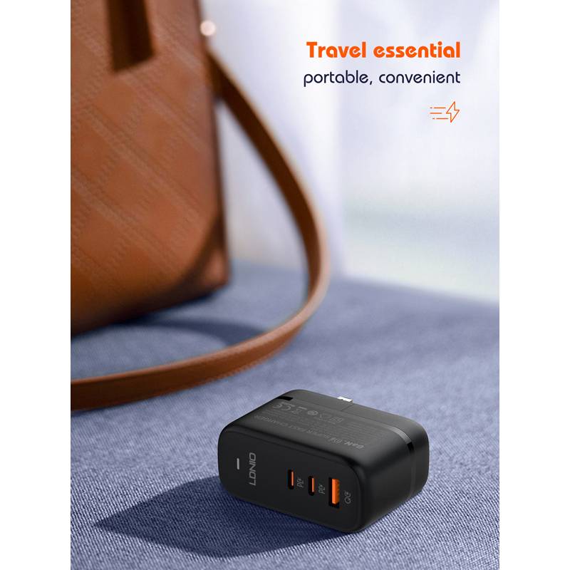 Ldnio φορτιστής τοίχου Q366 με καλώδιο, USB/2x USB-C, 65W, GaN, μαύρος – φωτογραφία 5