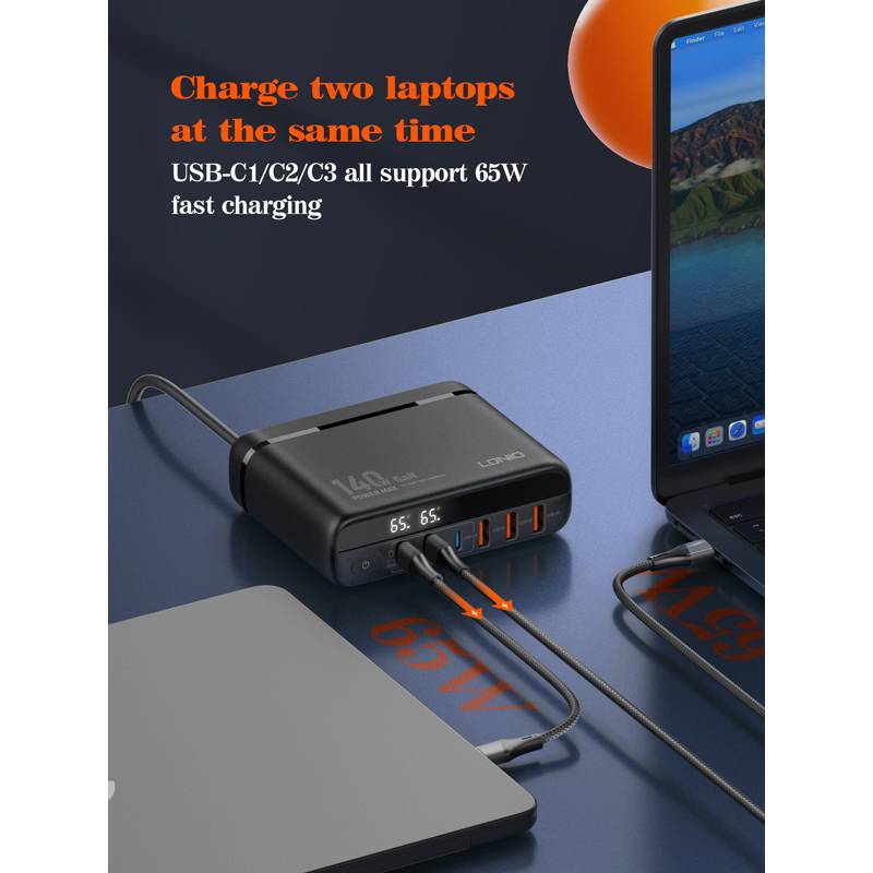 Ldnio σταθμός φόρτισης A6140C, 3x USB-C/3x USB, 140W, PD/QC, GaN, μαύρος – φωτογραφία 2
