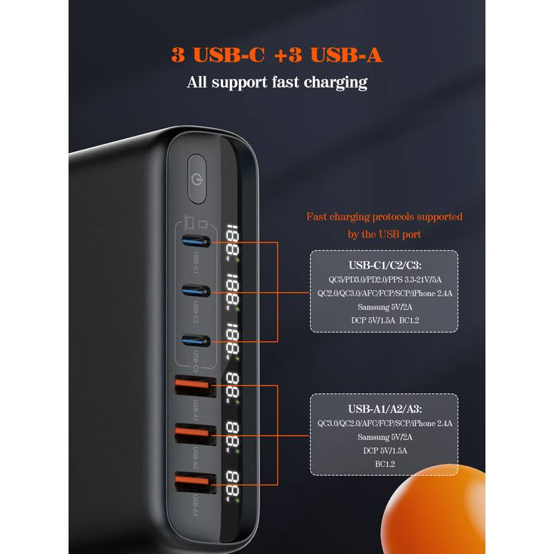 Ldnio σταθμός φόρτισης A6140C, 3x USB-C/3x USB, 140W, PD/QC, GaN, μαύρος – φωτογραφία 4