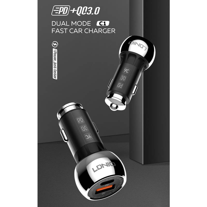 Ldnio φορτιστής αυτοκινήτου C1 με καλώδιο, USB & USB-C, 38W PD, μαύρος – φωτογραφία 2