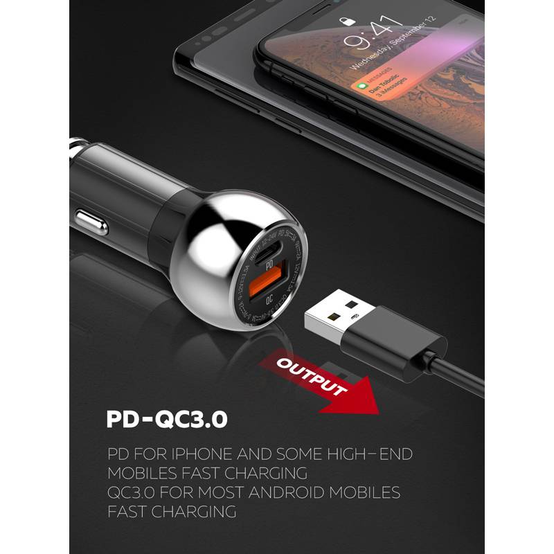 Ldnio φορτιστής αυτοκινήτου C1 με καλώδιο, USB & USB-C, 38W PD, μαύρος – φωτογραφία 3