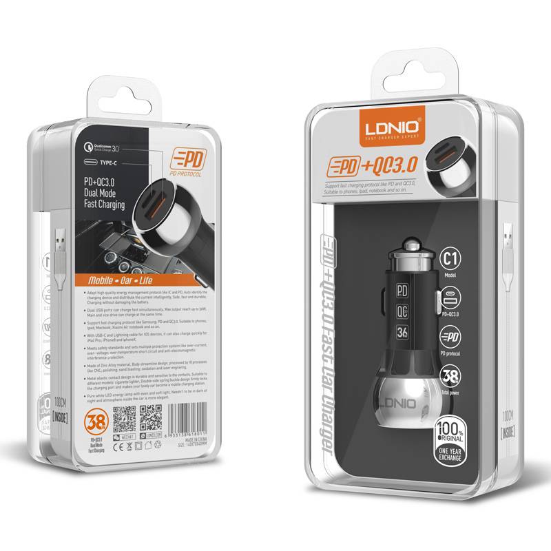 Ldnio φορτιστής αυτοκινήτου C1 με καλώδιο, USB & USB-C, 38W PD, μαύρος – φωτογραφία 6