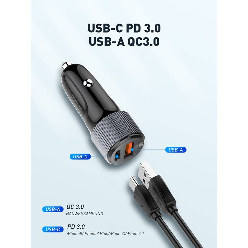 Ldnio φορτιστής αυτοκινήτου C510Q με καλώδιο, USB & USB-C, 38W, μαύρος – φωτογραφία 3