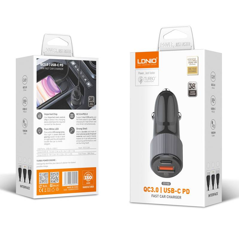 Ldnio φορτιστής αυτοκινήτου C510Q με καλώδιο, USB & USB-C, 38W, μαύρος – φωτογραφία 5