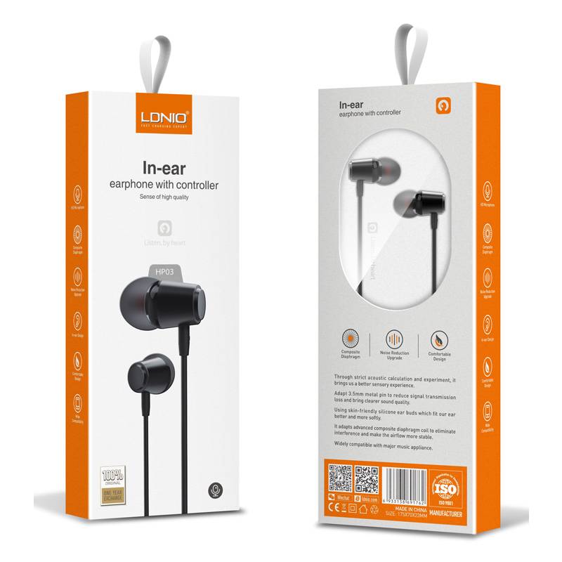Ldnio earphones με μικρόφωνο HP03, 3.5mm σύνδεση, Φ10mm, 1.2m, μαύρα – φωτογραφία 3
