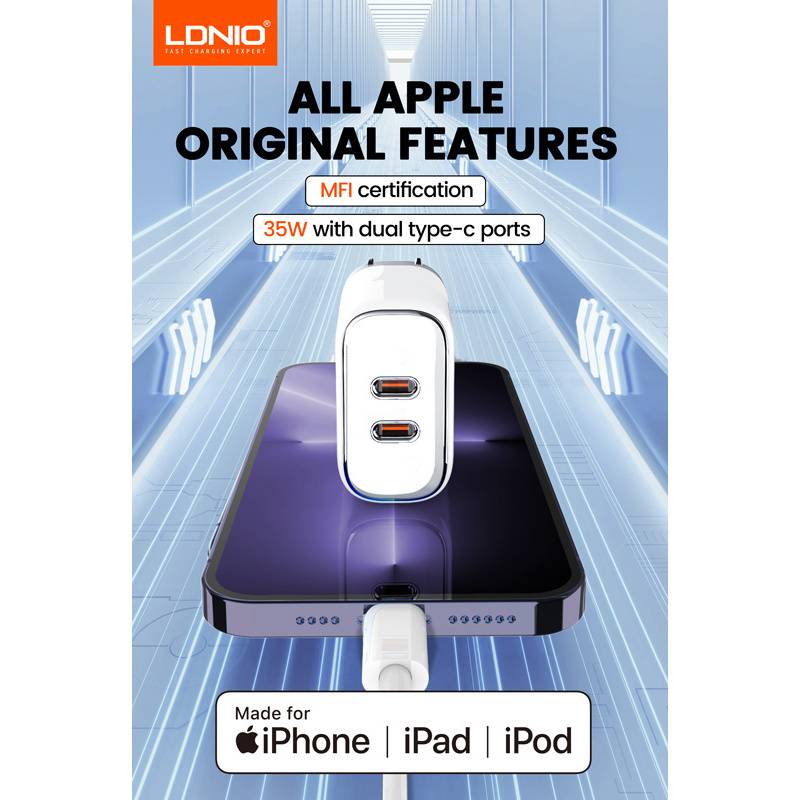 Ldnio φορτιστής τοίχου A2528M με καλώδιο, 2x USB-C, 35W, MFi, λευκό – φωτογραφία 2