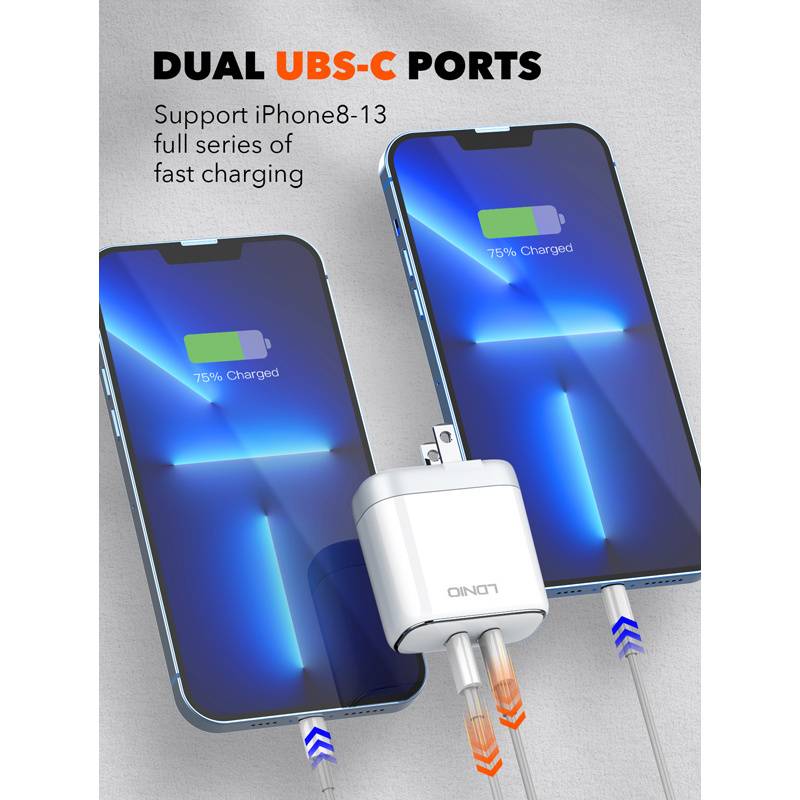 Ldnio φορτιστής τοίχου A2528M με καλώδιο, 2x USB-C, 35W, MFi, λευκό – φωτογραφία 3