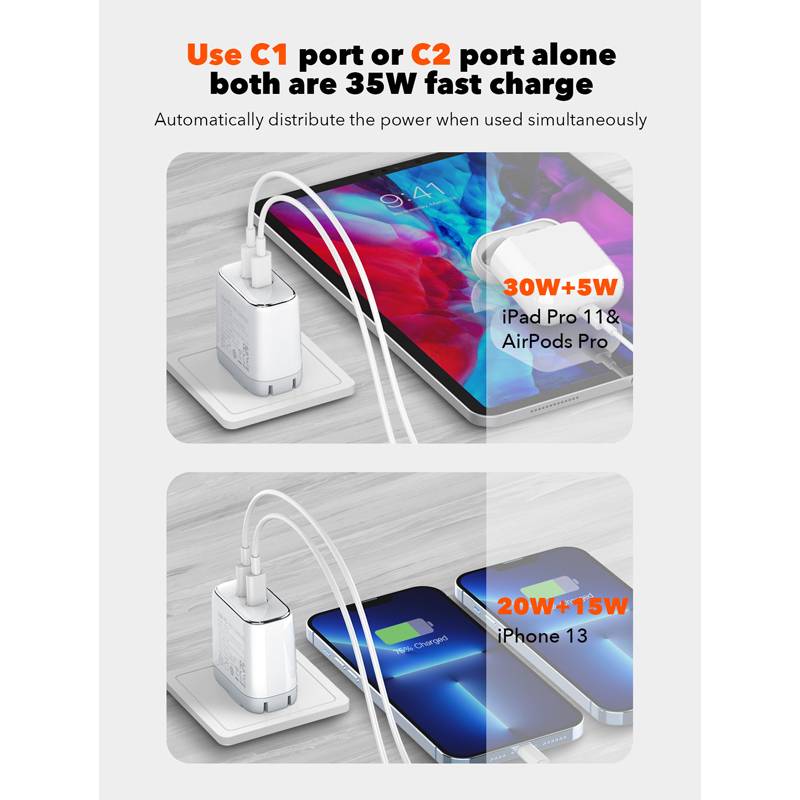 Ldnio φορτιστής τοίχου A2528M με καλώδιο, 2x USB-C, 35W, MFi, λευκό – φωτογραφία 4
