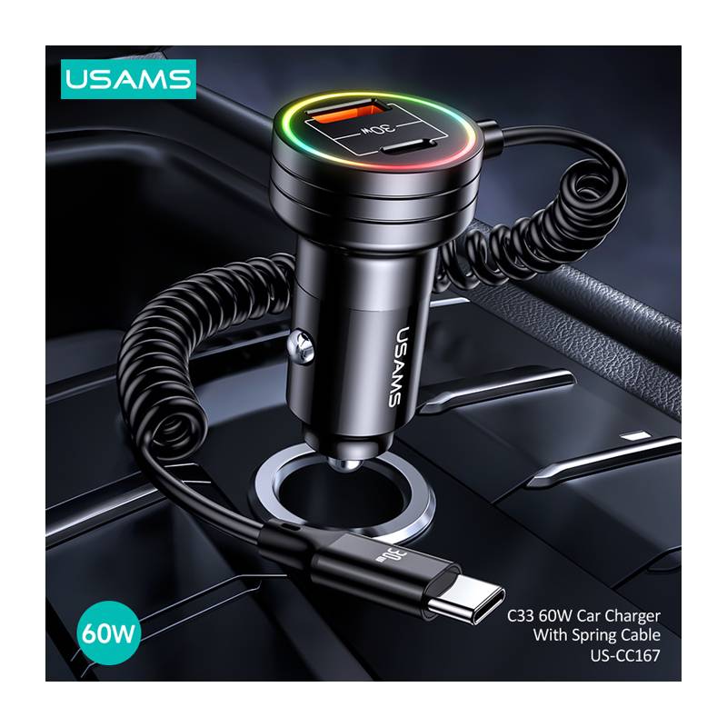 USAMS φορτιστής αυτοκινήτου US-CC167 με καλώδιο, USB/USB-C, 60W, μαύρος – φωτογραφία 2