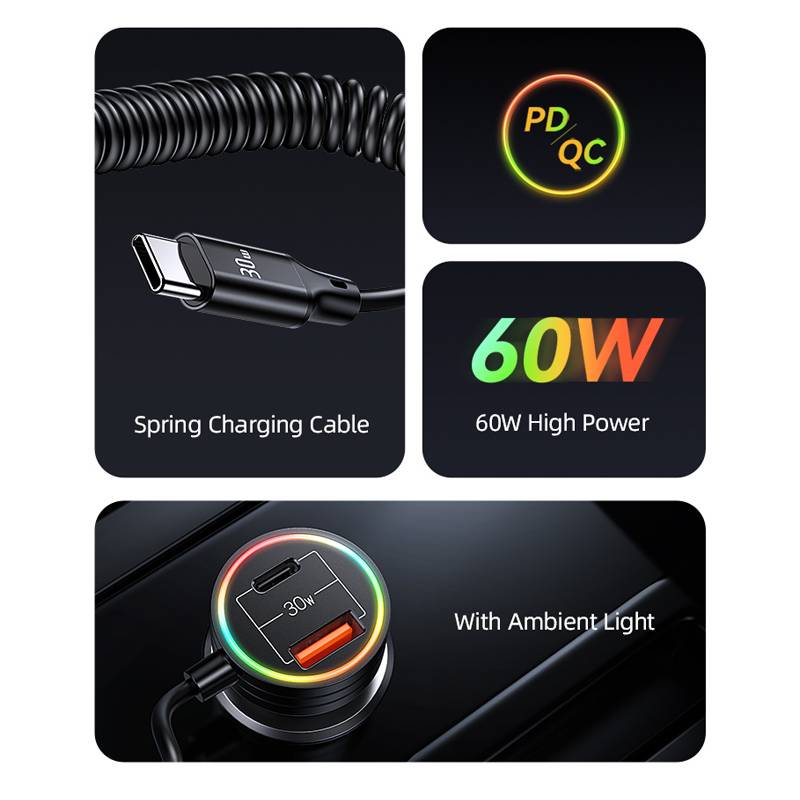 USAMS φορτιστής αυτοκινήτου US-CC167 με καλώδιο, USB/USB-C, 60W, μαύρος – φωτογραφία 3