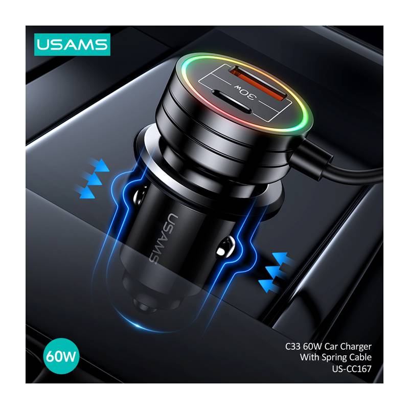 USAMS φορτιστής αυτοκινήτου US-CC167 με καλώδιο, USB/USB-C, 60W, μαύρος – φωτογραφία 4