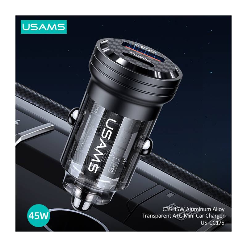 USAMS φορτιστής αυτοκινήτου US-CC175, USB & USB-C, 45W, QC & PD, μαύρος – φωτογραφία 2