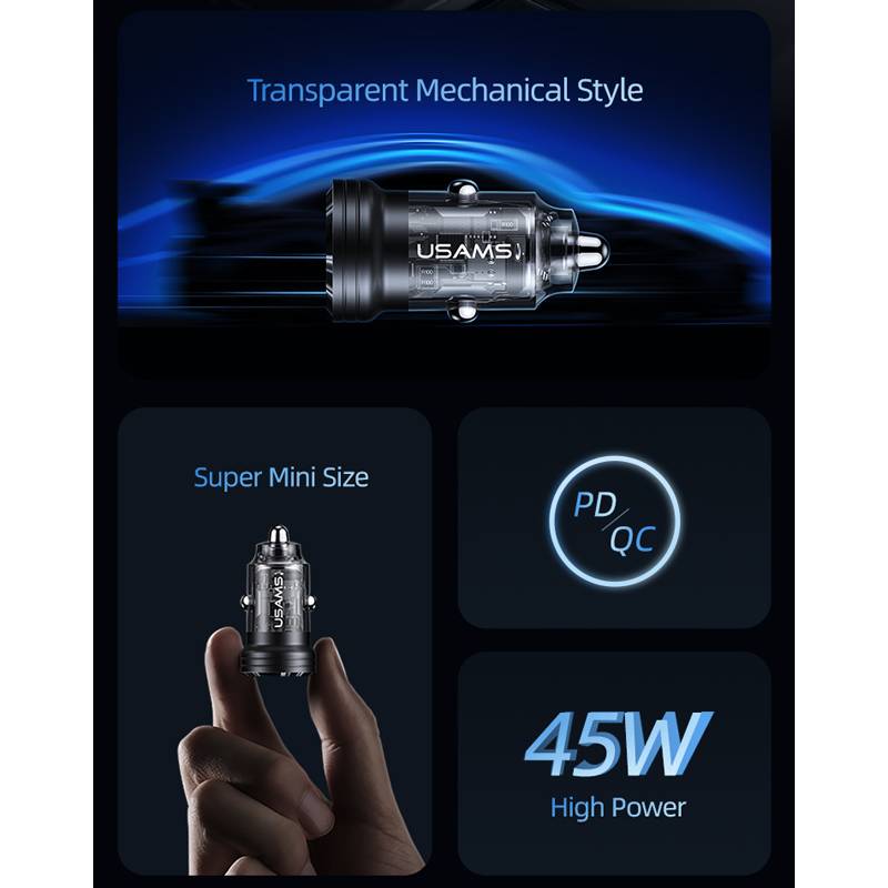 USAMS φορτιστής αυτοκινήτου US-CC175, USB & USB-C, 45W, QC & PD, μαύρος – φωτογραφία 3