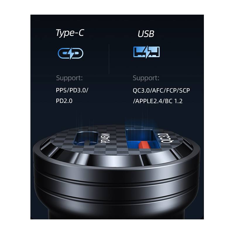 USAMS φορτιστής αυτοκινήτου US-CC175, USB & USB-C, 45W, QC & PD, μαύρος – φωτογραφία 4