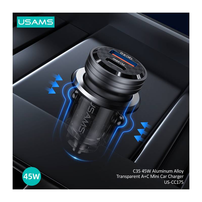 USAMS φορτιστής αυτοκινήτου US-CC175, USB & USB-C, 45W, QC & PD, μαύρος – φωτογραφία 5