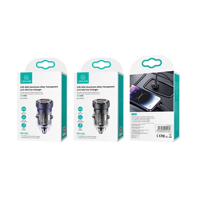 USAMS φορτιστής αυτοκινήτου US-CC175, USB & USB-C, 45W, QC & PD, μαύρος – φωτογραφία 6