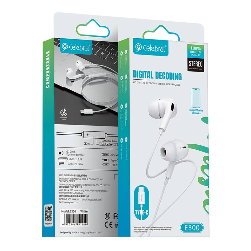 Celebrat earphones με μικρόφωνο E300, USB-C σύνδεση, Φ10mm, 1.2m, λευκά – φωτογραφία 4