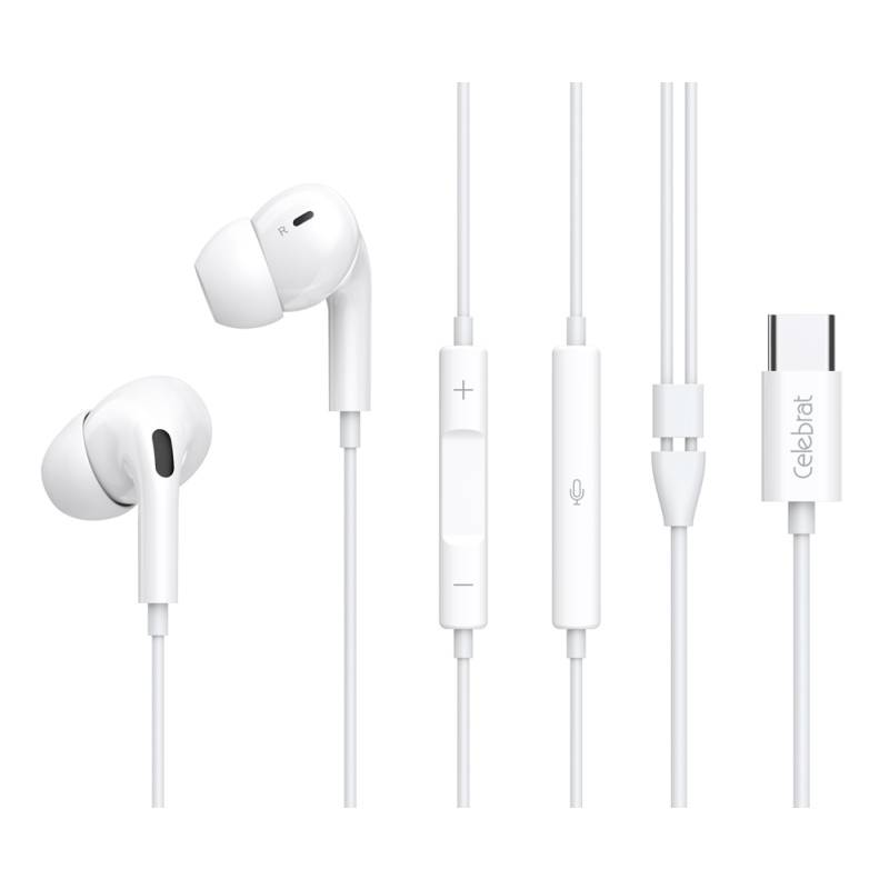 Celebrat earphones με μικρόφωνο E300, USB-C σύνδεση, Φ10mm, 1.2m, λευκά