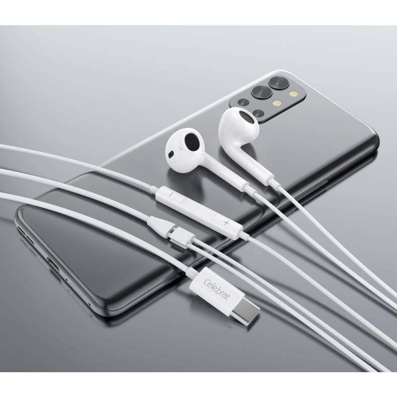 Celebrat earphones με μικρόφωνο E400, USB-C σύνδεση, Φ14mm, 1.2m, λευκά – φωτογραφία 2