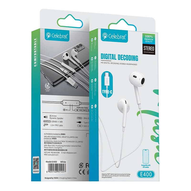 Celebrat earphones με μικρόφωνο E400, USB-C σύνδεση, Φ14mm, 1.2m, λευκά – φωτογραφία 4