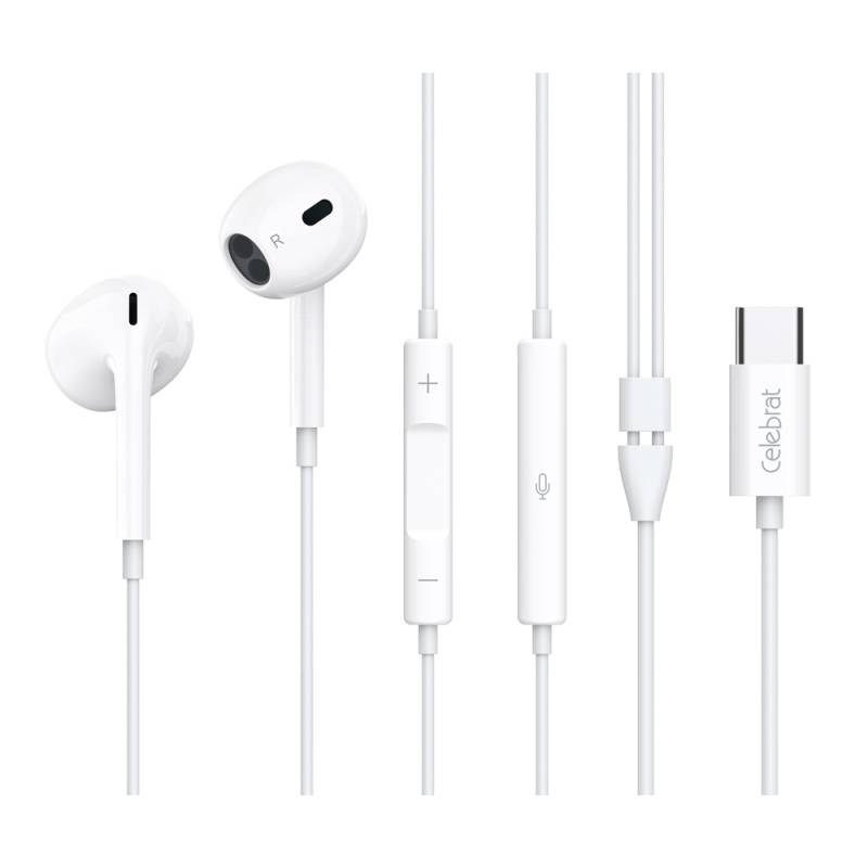 Celebrat earphones με μικρόφωνο E400, USB-C σύνδεση, Φ14mm, 1.2m, λευκά