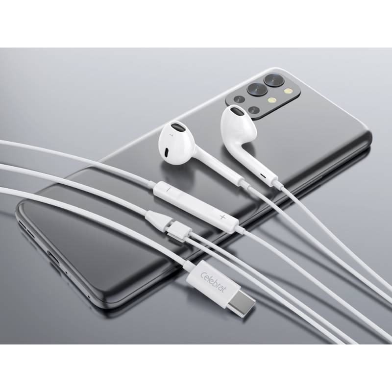 Celebrat earphones με μικρόφωνο E500, USB-C σύνδεση, Φ14mm, 1.2m, λευκά – φωτογραφία 2