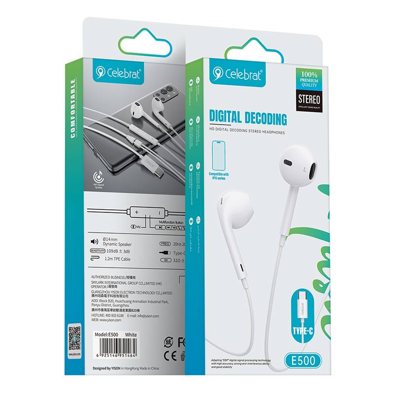 Celebrat earphones με μικρόφωνο E500, USB-C σύνδεση, Φ14mm, 1.2m, λευκά – φωτογραφία 4