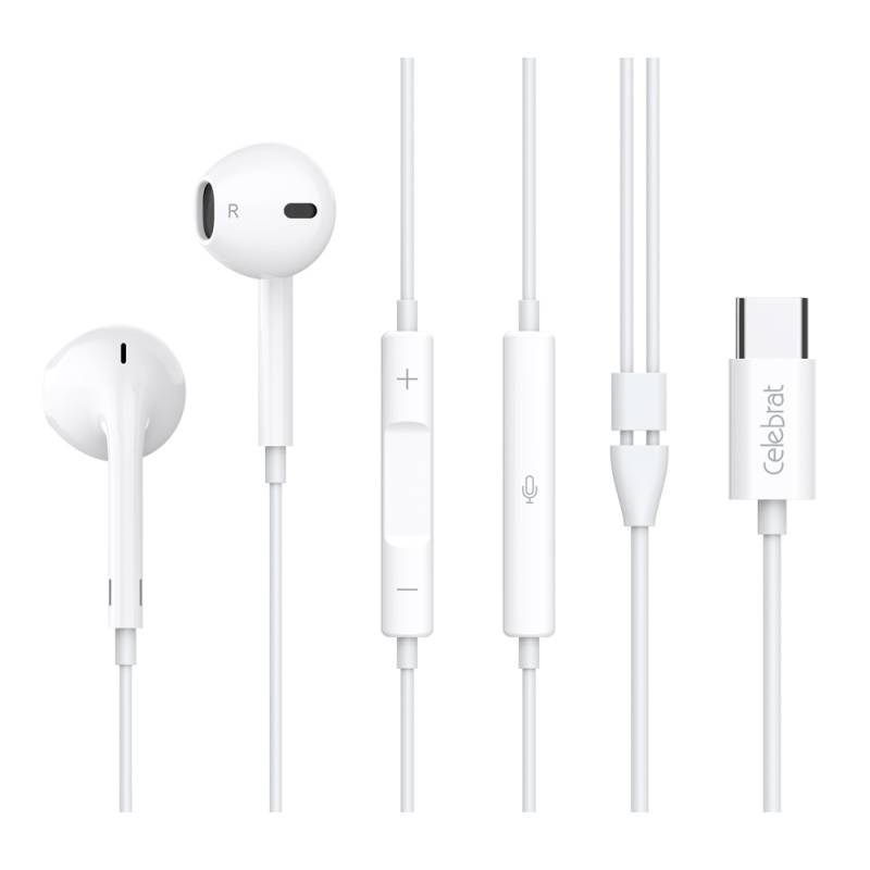 Celebrat earphones με μικρόφωνο E500, USB-C σύνδεση, Φ14mm, 1.2m, λευκά Celebrat earphones με μικρόφωνο E500, USB-C σύνδεση, Φ14mm, 1.2m, λευκά