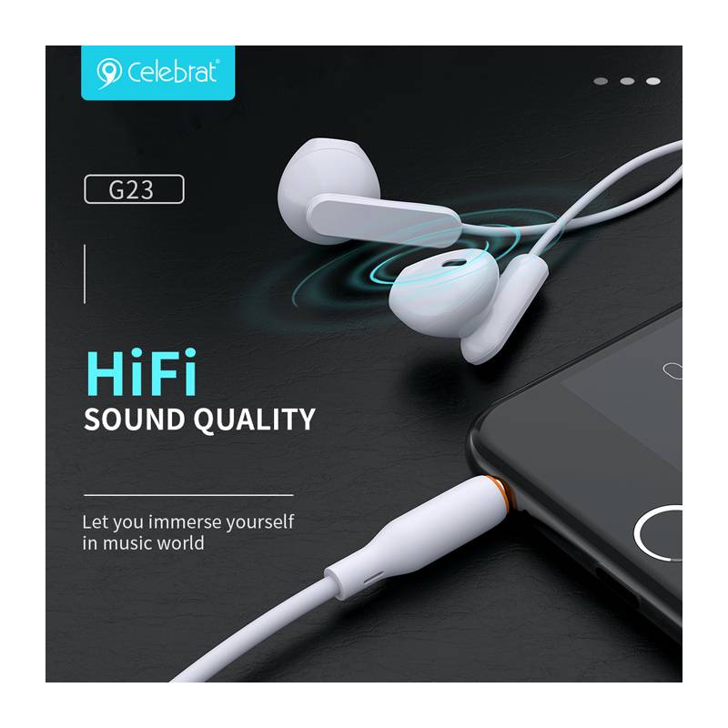 Celebrat earphones με μικρόφωνο G23, 3.5mm σύνδεση, Φ14mm, 1.2m, λευκά – φωτογραφία 2