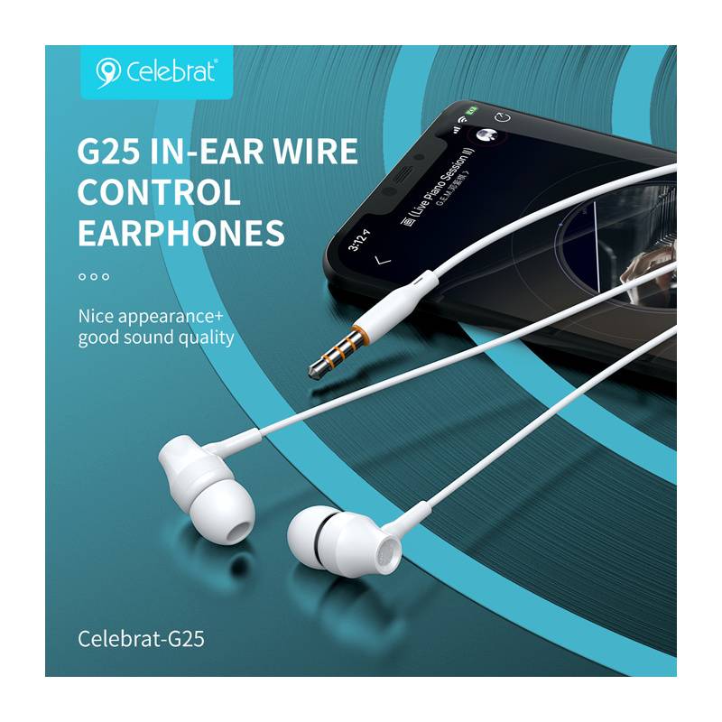 Celebrat earphones με μικρόφωνο G25, 3.5mm σύνδεση, Φ10mm, 1.2m, λευκά – φωτογραφία 3